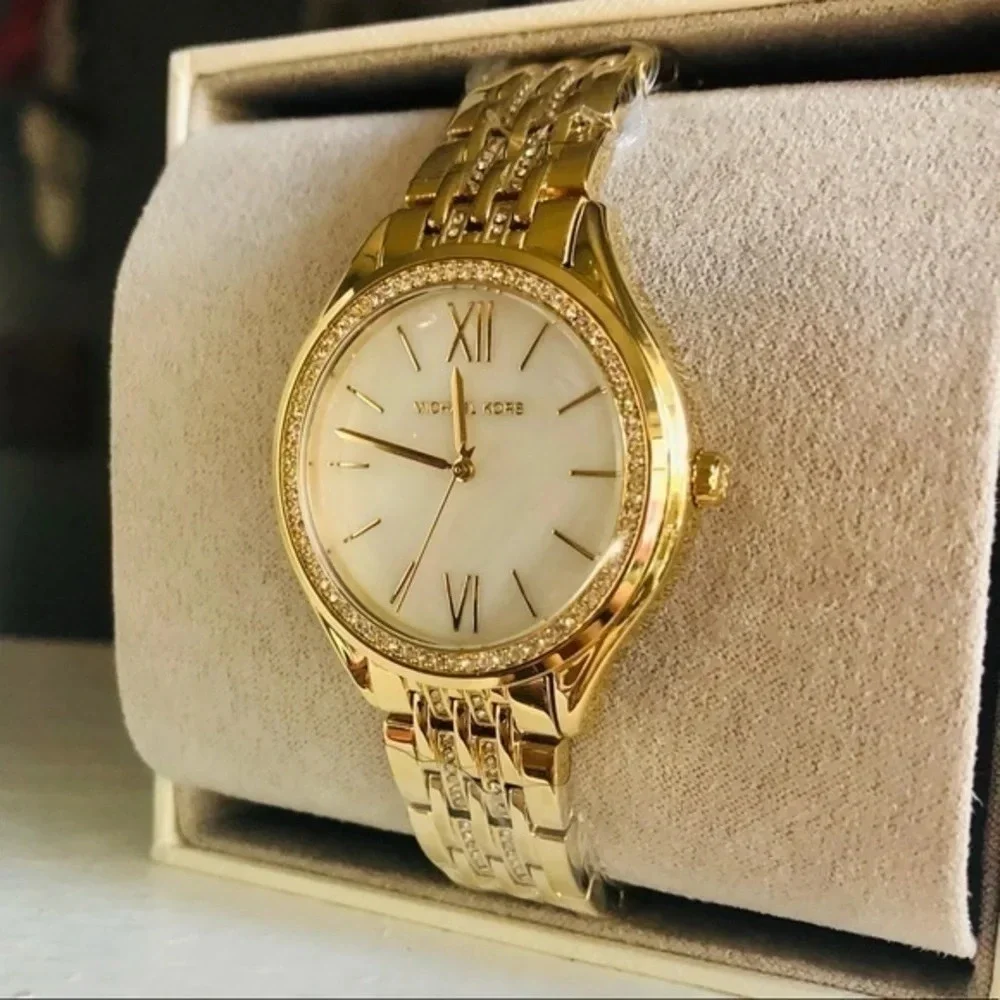 Michael Kors Gold Tone Watch Crystal Bezel Roman Numeral Dial NWT